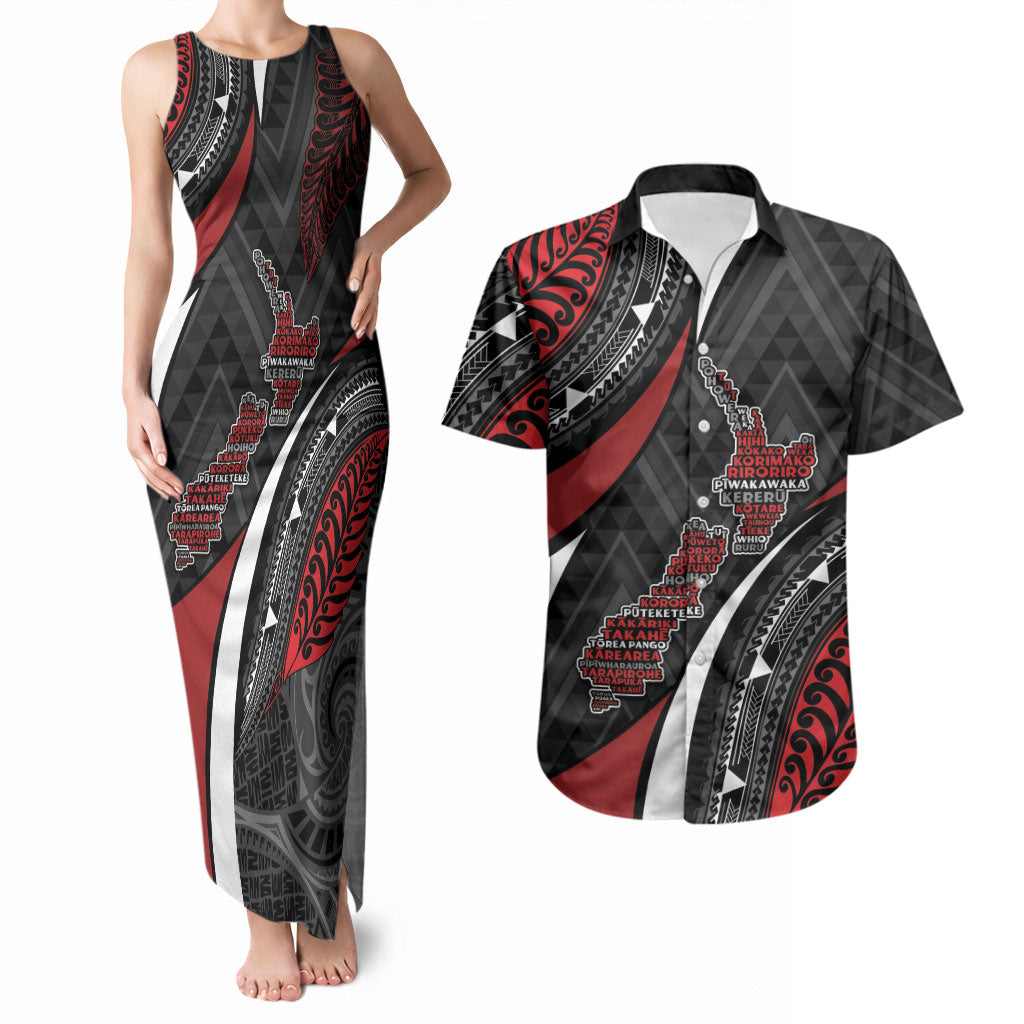 Aotearoa New Zealand Native Birds Map Couples Matching Tank Maxi Dress and Hawaiian Shirt Silver Fern Tribal Pattern DT05 Red - Polynesian Pride