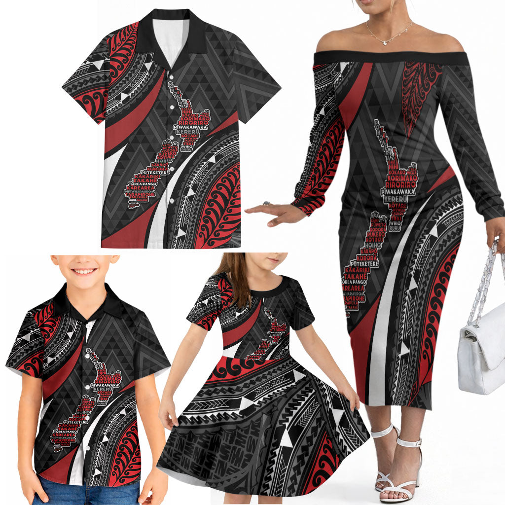 Aotearoa New Zealand Native Birds Map Family Matching Off The Shoulder Long Sleeve Dress and Hawaiian Shirt Silver Fern Tribal Pattern DT05 - Polynesian Pride