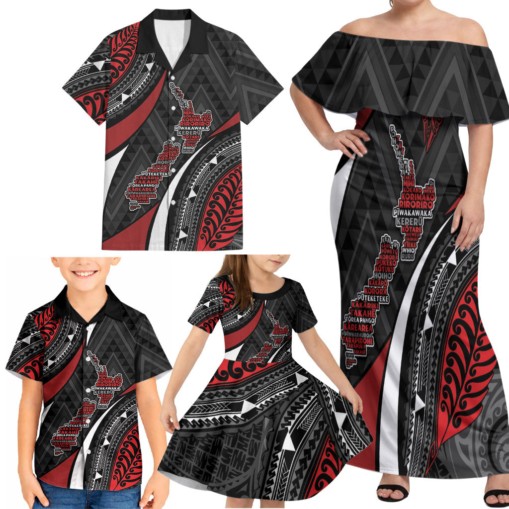 Aotearoa New Zealand Native Birds Map Family Matching Off Shoulder Maxi Dress and Hawaiian Shirt Silver Fern Tribal Pattern DT05 - Polynesian Pride