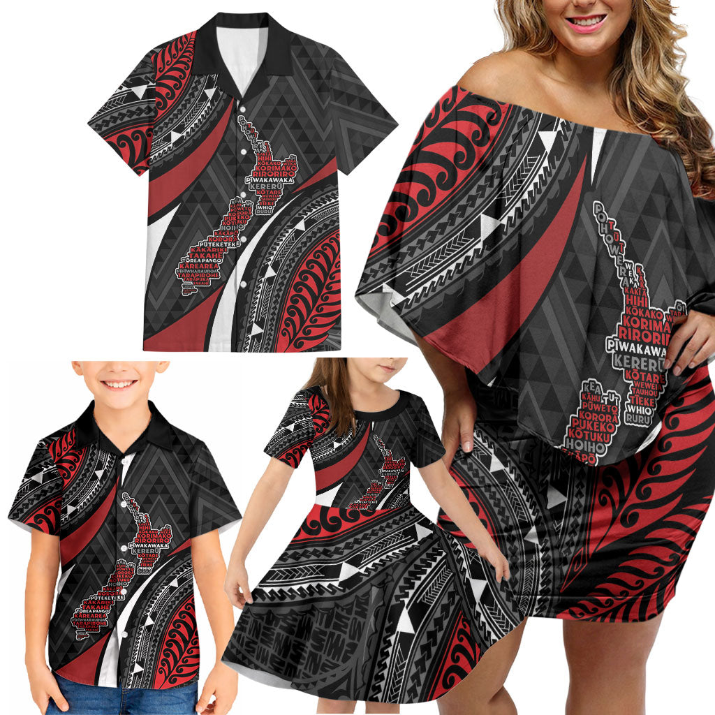 Aotearoa New Zealand Native Birds Map Family Matching Off Shoulder Short Dress and Hawaiian Shirt Silver Fern Tribal Pattern DT05 - Polynesian Pride