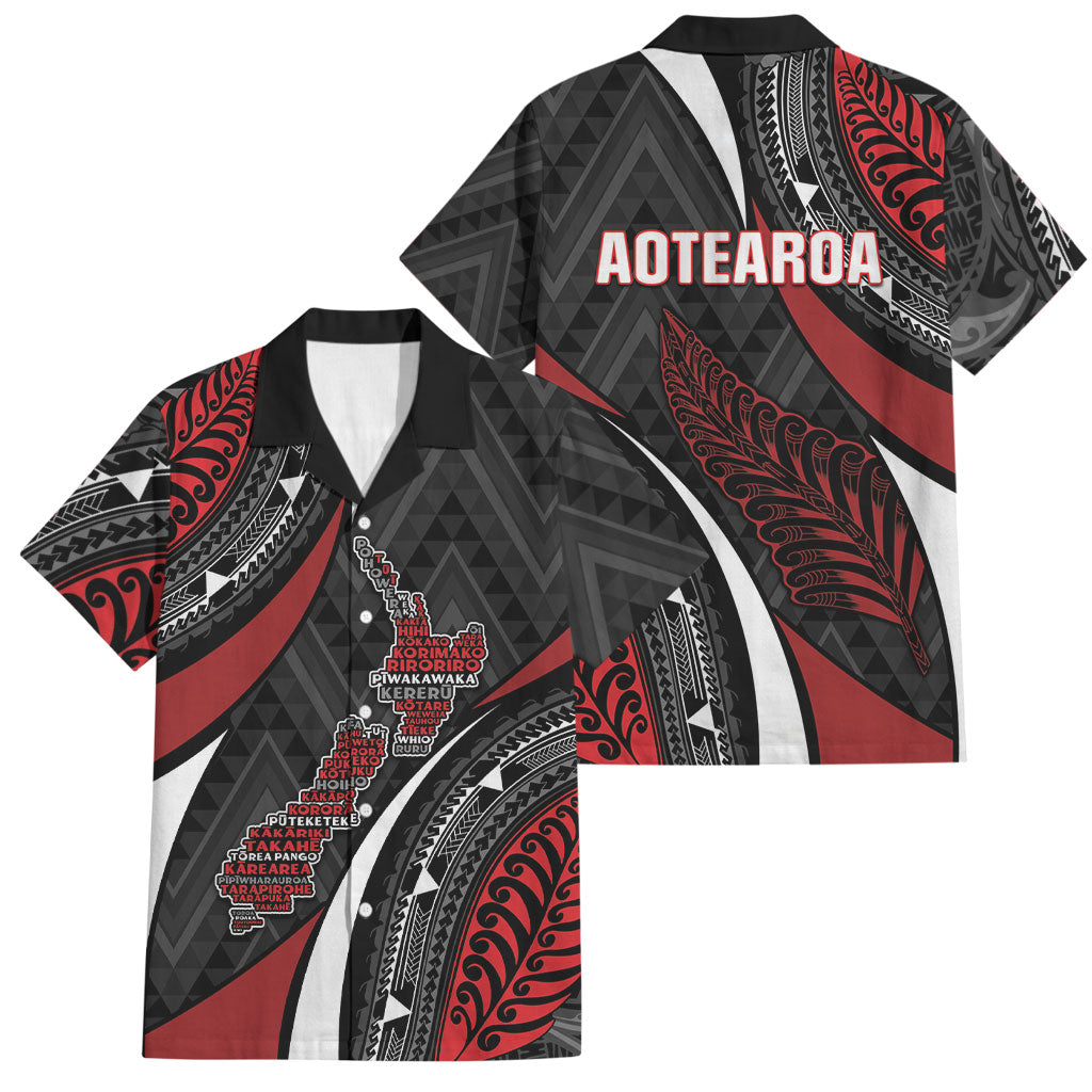 Aotearoa New Zealand Native Birds Map Family Matching Puletasi and Hawaiian Shirt Silver Fern Tribal Pattern DT05 Dad's Shirt - Short Sleeve Red - Polynesian Pride