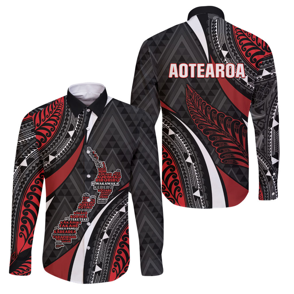 Aotearoa New Zealand Native Birds Map Family Matching Puletasi and Hawaiian Shirt Silver Fern Tribal Pattern DT05 Dad's Shirt - Long Sleeve Red - Polynesian Pride