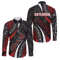 Aotearoa New Zealand Native Birds Map Family Matching Puletasi and Hawaiian Shirt Silver Fern Tribal Pattern DT05 Dad's Shirt - Long Sleeve Red - Polynesian Pride