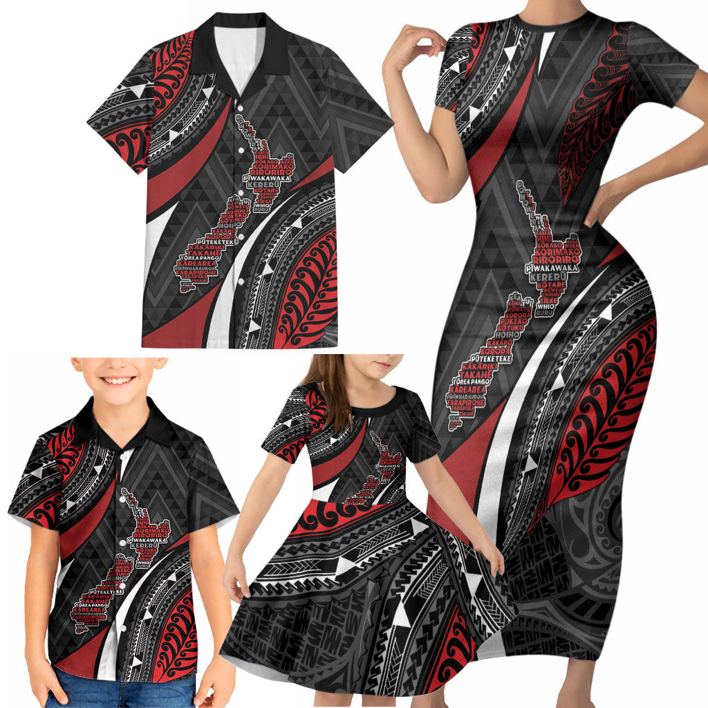 Aotearoa New Zealand Native Birds Map Family Matching Short Sleeve Bodycon Dress and Hawaiian Shirt Silver Fern Tribal Pattern DT05 - Polynesian Pride