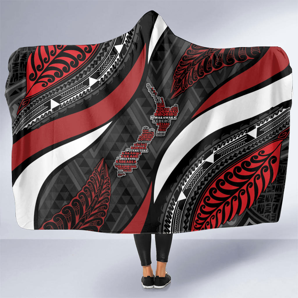 Aotearoa New Zealand Native Birds Map Hooded Blanket Silver Fern Tribal Pattern DT05 One Size Red - Polynesian Pride