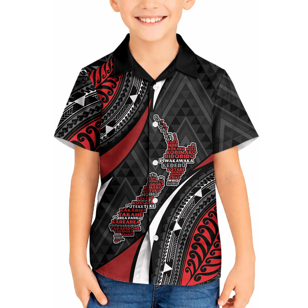 Aotearoa New Zealand Native Birds Map Kid Hawaiian Shirt Silver Fern Tribal Pattern DT05 Kid Red - Polynesian Pride