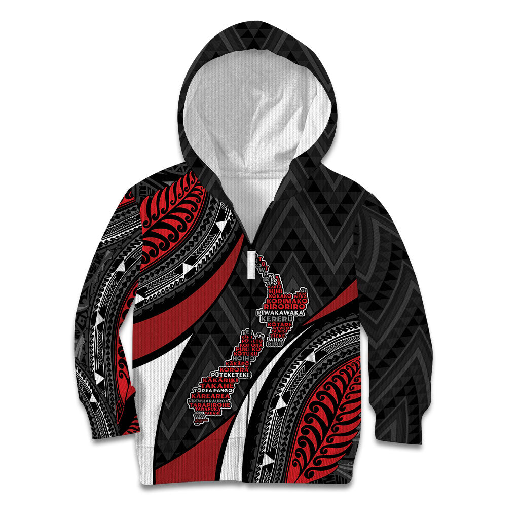 Aotearoa New Zealand Native Birds Map Kid Hoodie Silver Fern Tribal Pattern DT05 Zip Hoodie Red - Polynesian Pride