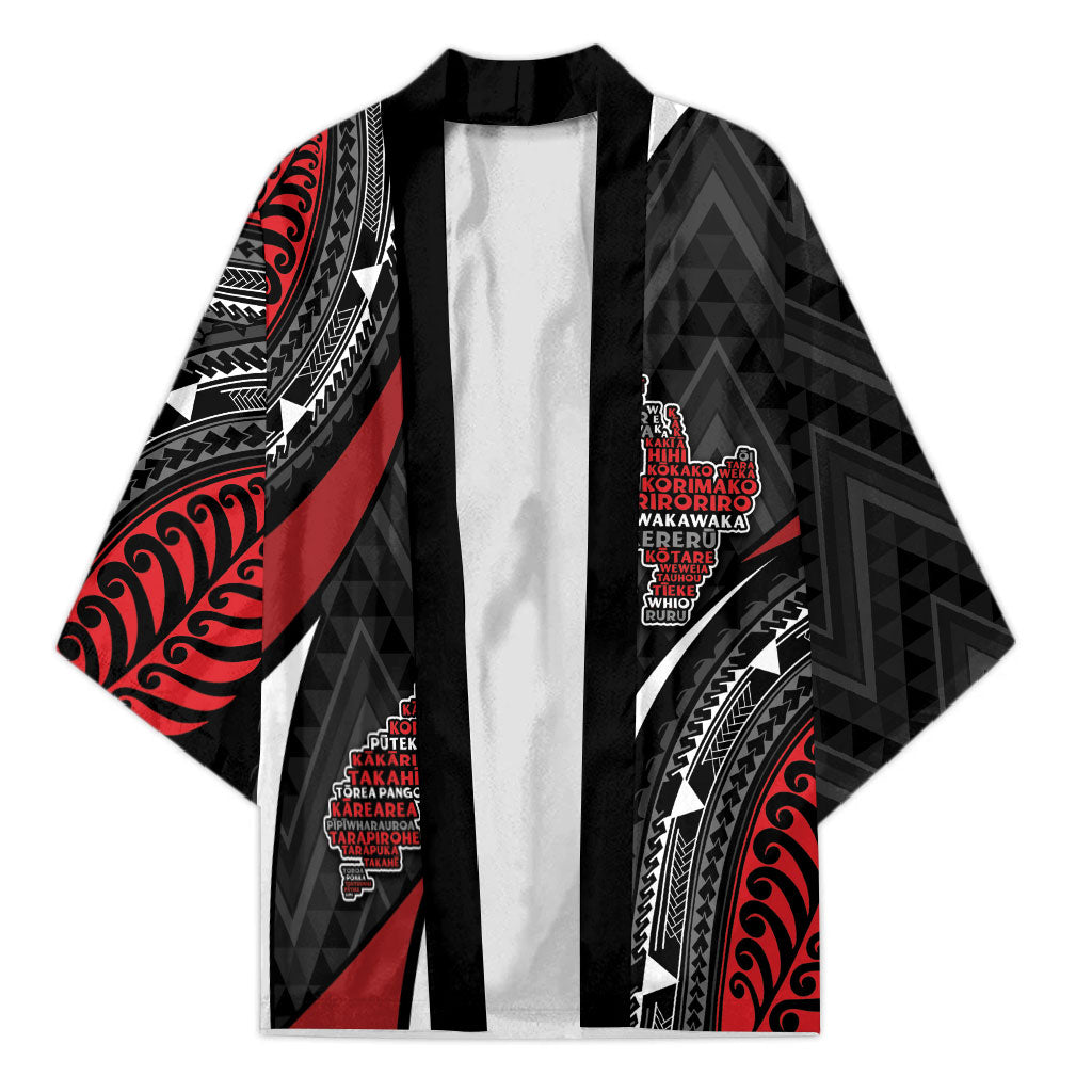 Aotearoa New Zealand Native Birds Map Kimono Silver Fern Tribal Pattern DT05 Unisex Red - Polynesian Pride