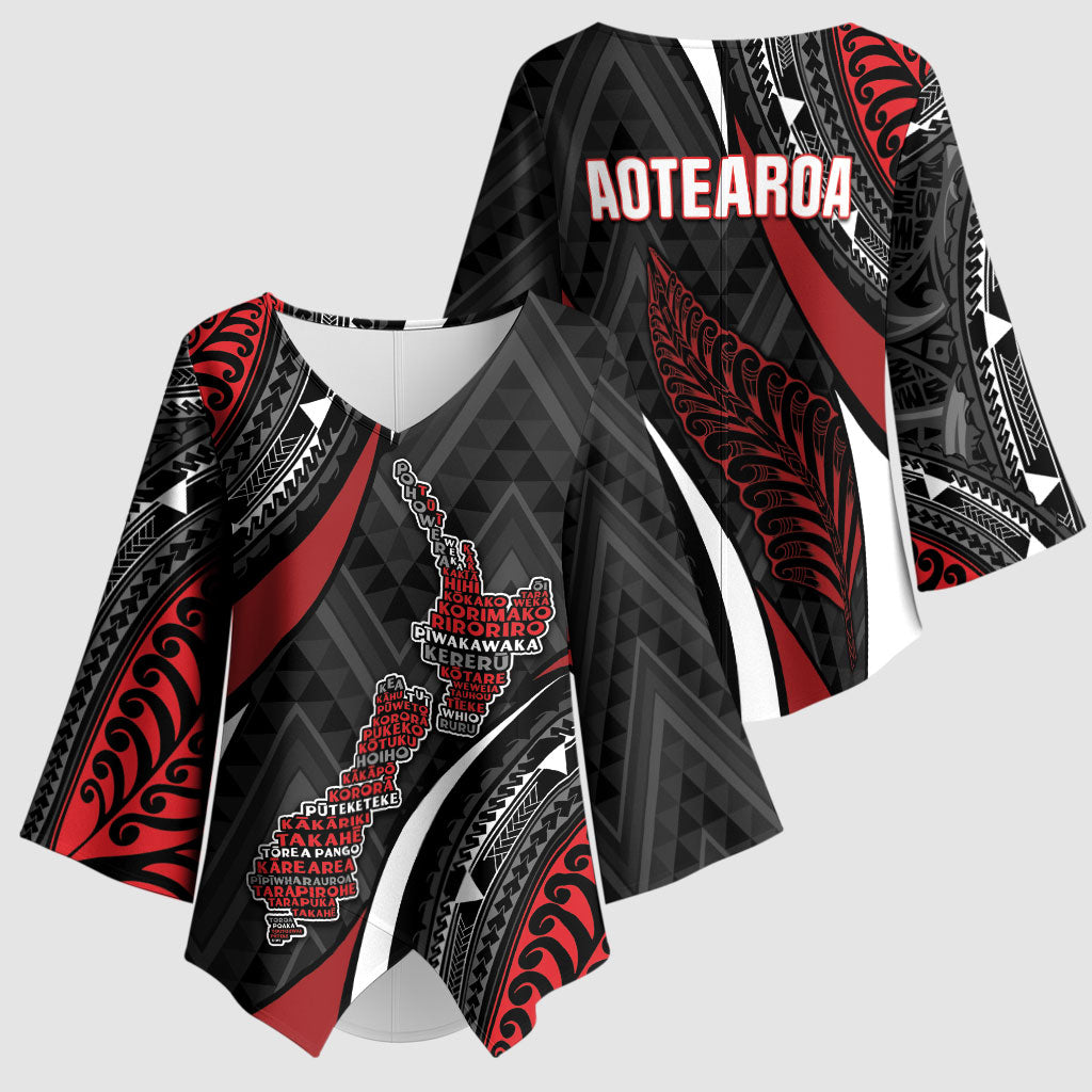 Aotearoa New Zealand Native Birds Map Kimono Sleeve Blouse Silver Fern Tribal Pattern DT05 - Polynesian Pride