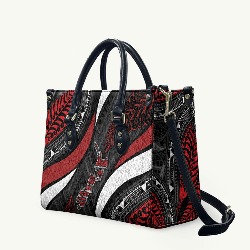 Aotearoa New Zealand Native Birds Map Leather Bag Silver Fern Tribal Pattern DT05 Red - Polynesian Pride