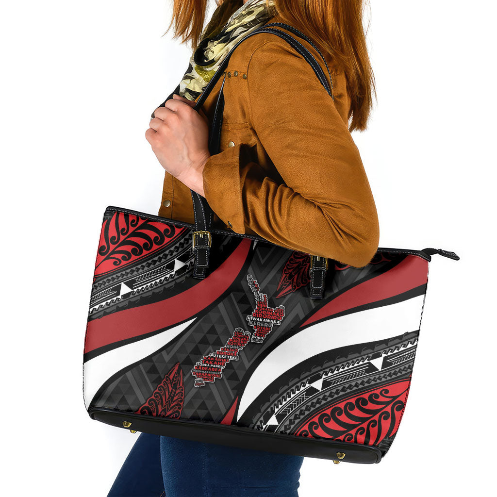 Aotearoa New Zealand Native Birds Map Leather Tote Bag Silver Fern Tribal Pattern DT05 Red - Polynesian Pride