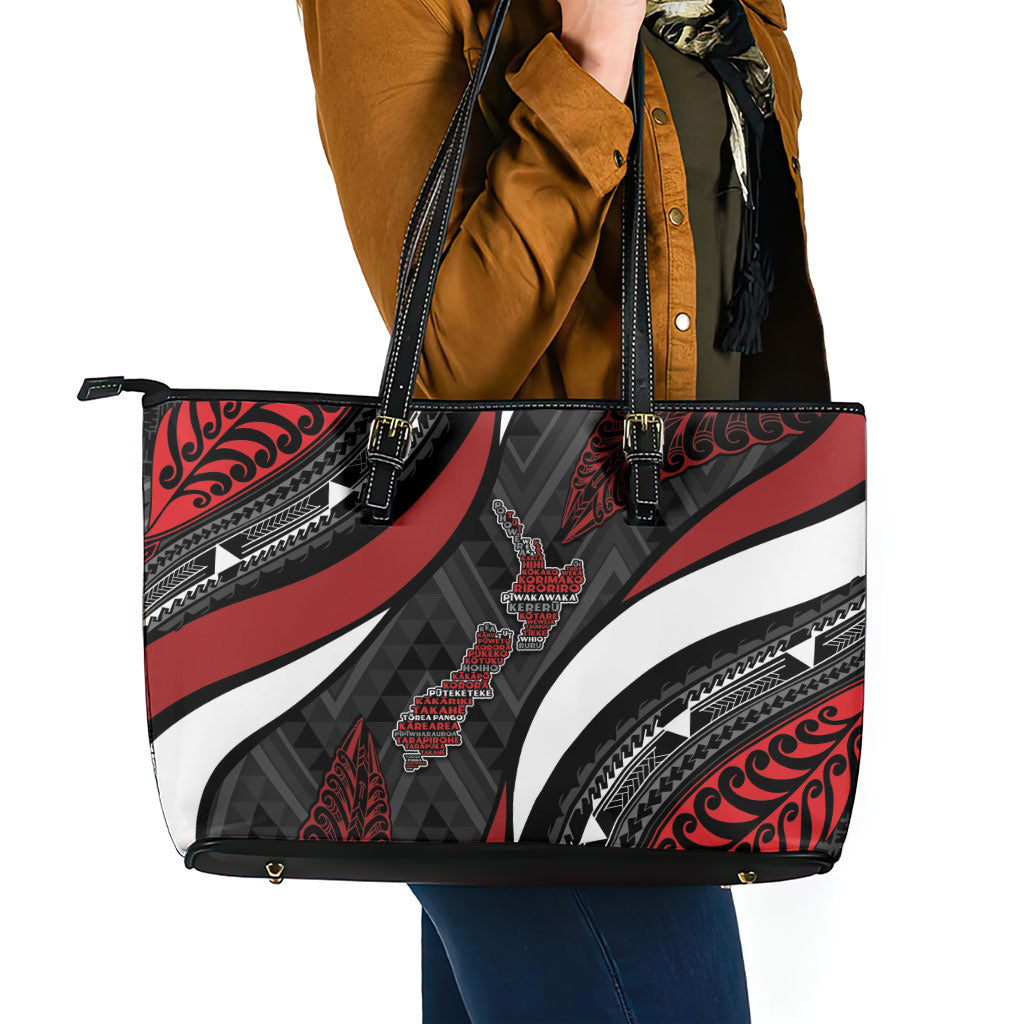Aotearoa New Zealand Native Birds Map Leather Tote Bag Silver Fern Tribal Pattern DT05 - Polynesian Pride