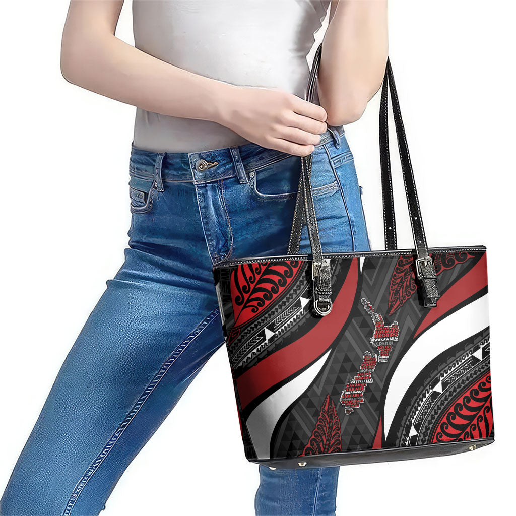 Aotearoa New Zealand Native Birds Map Leather Tote Bag Silver Fern Tribal Pattern DT05 - Polynesian Pride
