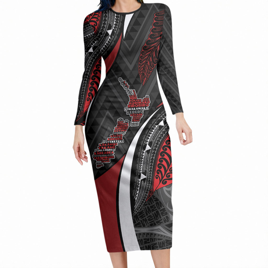 Aotearoa New Zealand Native Birds Map Long Sleeve Bodycon Dress Silver Fern Tribal Pattern