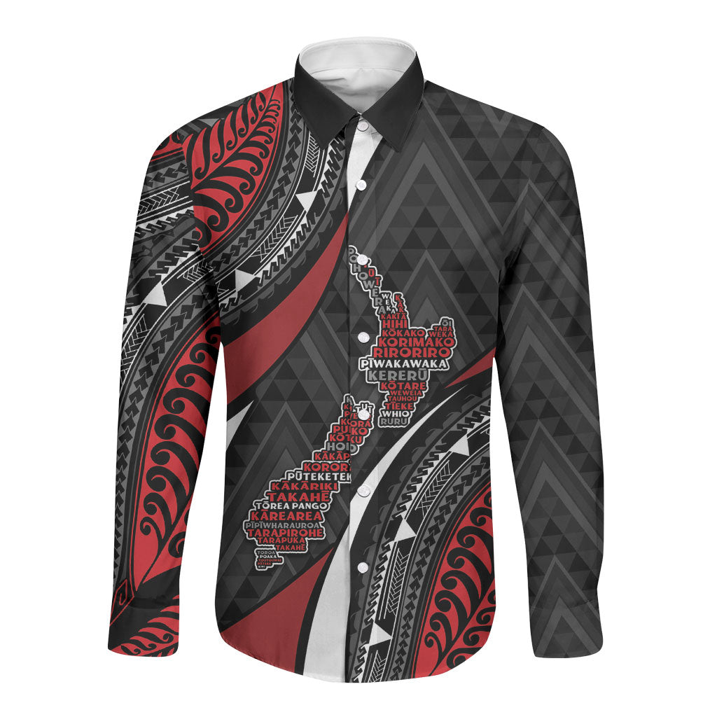 Aotearoa New Zealand Native Birds Map Long Sleeve Button Shirt Silver Fern Tribal Pattern DT05 Unisex Red - Polynesian Pride