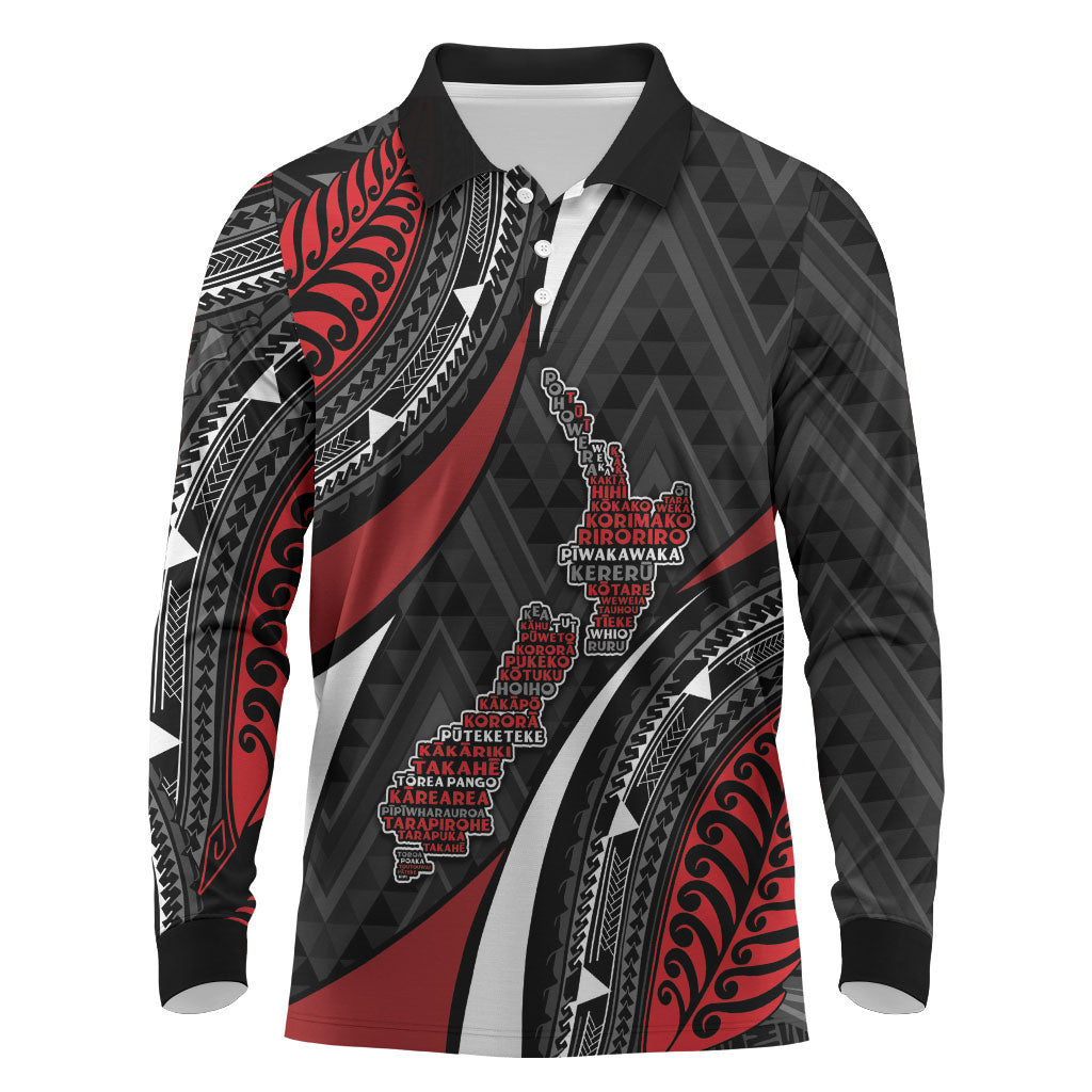 Aotearoa New Zealand Native Birds Map Long Sleeve Polo Shirt Silver Fern Tribal Pattern DT05 Red - Polynesian Pride