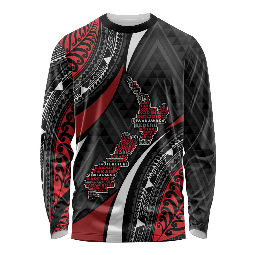Aotearoa New Zealand Native Birds Map Long Sleeve Shirt Silver Fern Tribal Pattern DT05 Unisex Red - Polynesian Pride