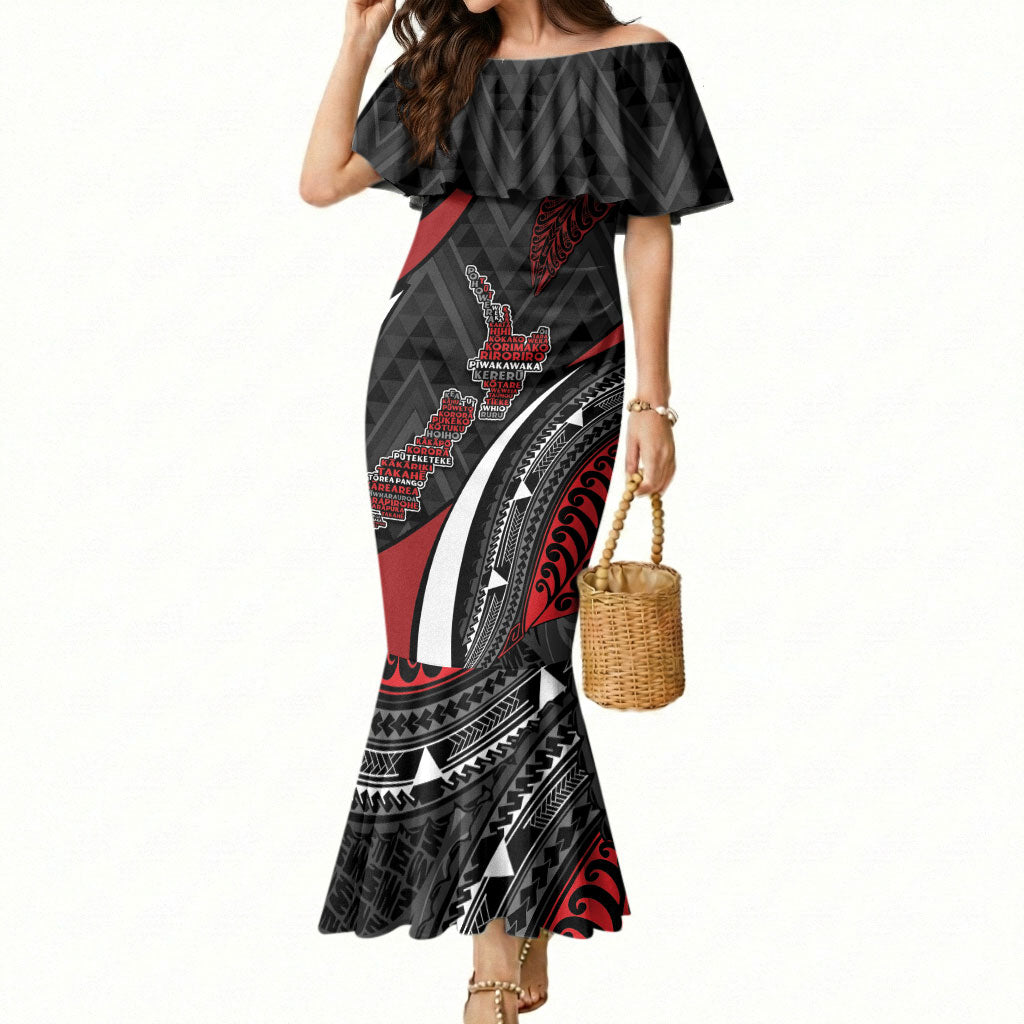 Aotearoa New Zealand Native Birds Map Mermaid Dress Silver Fern Tribal Pattern DT05 Women Red - Polynesian Pride