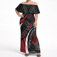 Aotearoa New Zealand Native Birds Map Off Shoulder Maxi Dress Silver Fern Tribal Pattern DT05 Women Red - Polynesian Pride
