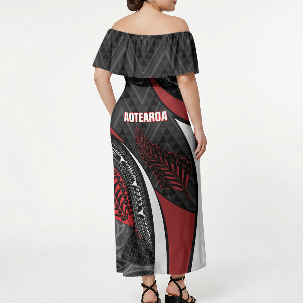 Aotearoa New Zealand Native Birds Map Off Shoulder Maxi Dress Silver Fern Tribal Pattern DT05 - Polynesian Pride
