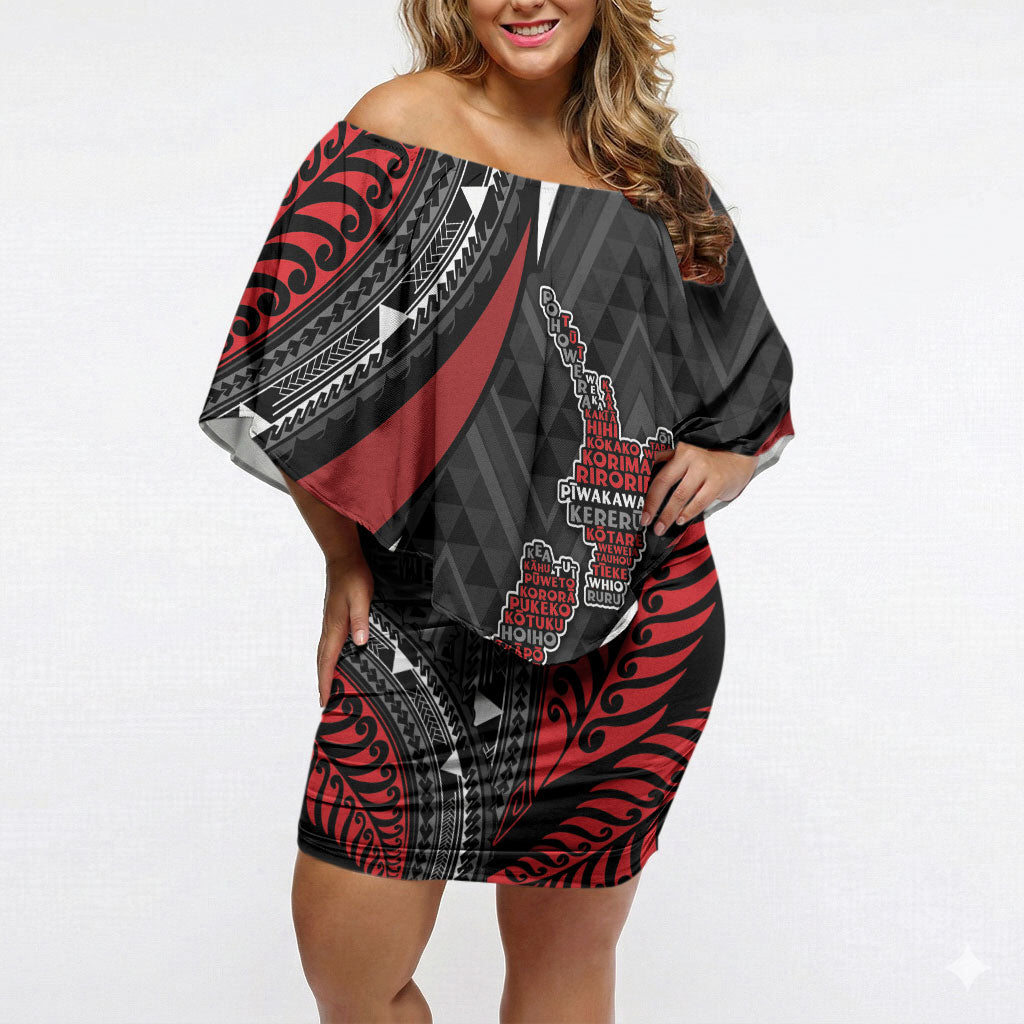 Aotearoa New Zealand Native Birds Map Off Shoulder Short Dress Silver Fern Tribal Pattern DT05 Women Red - Polynesian Pride