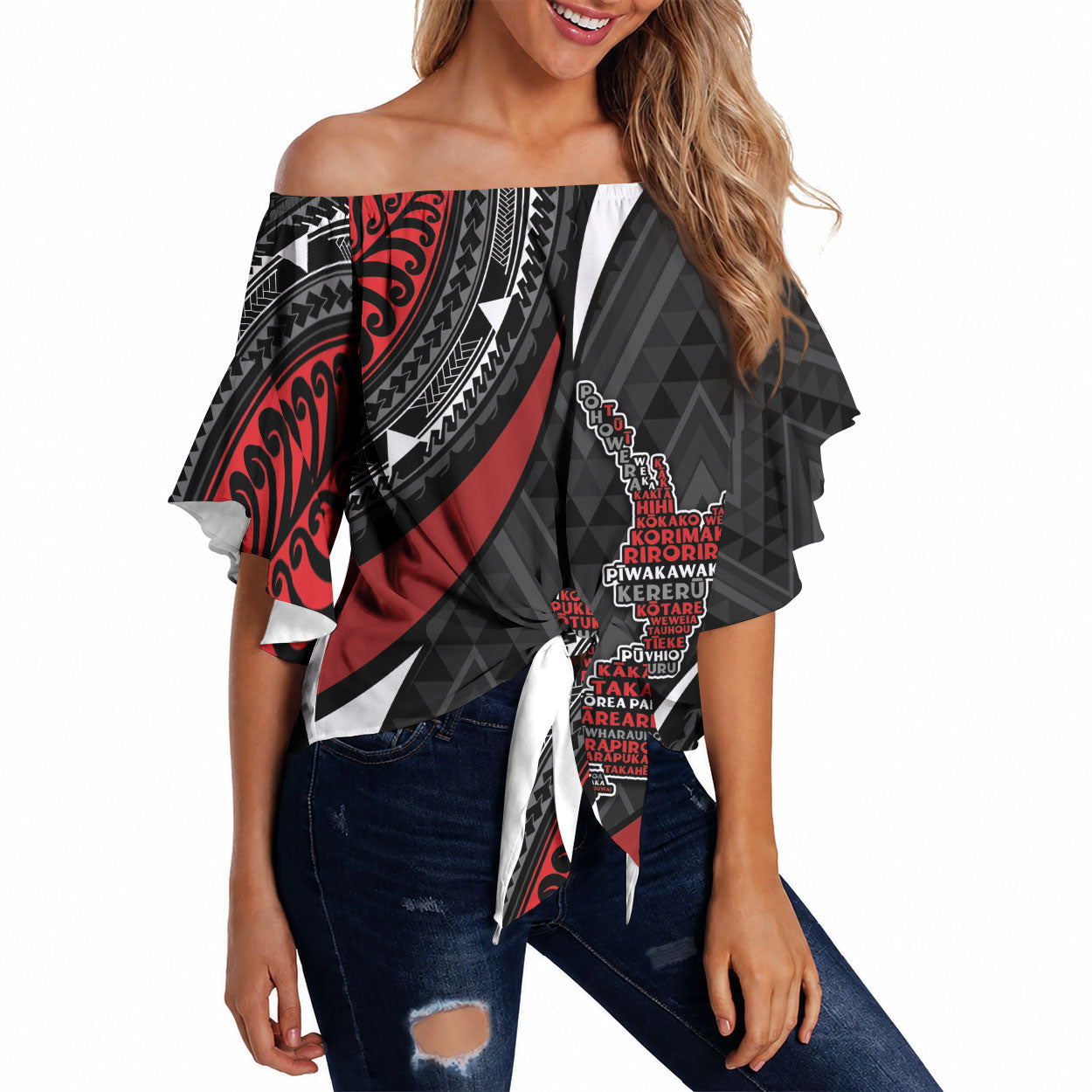 Aotearoa New Zealand Native Birds Map Off Shoulder Wrap Waist Top Silver Fern Tribal Pattern DT05 Red - Polynesian Pride