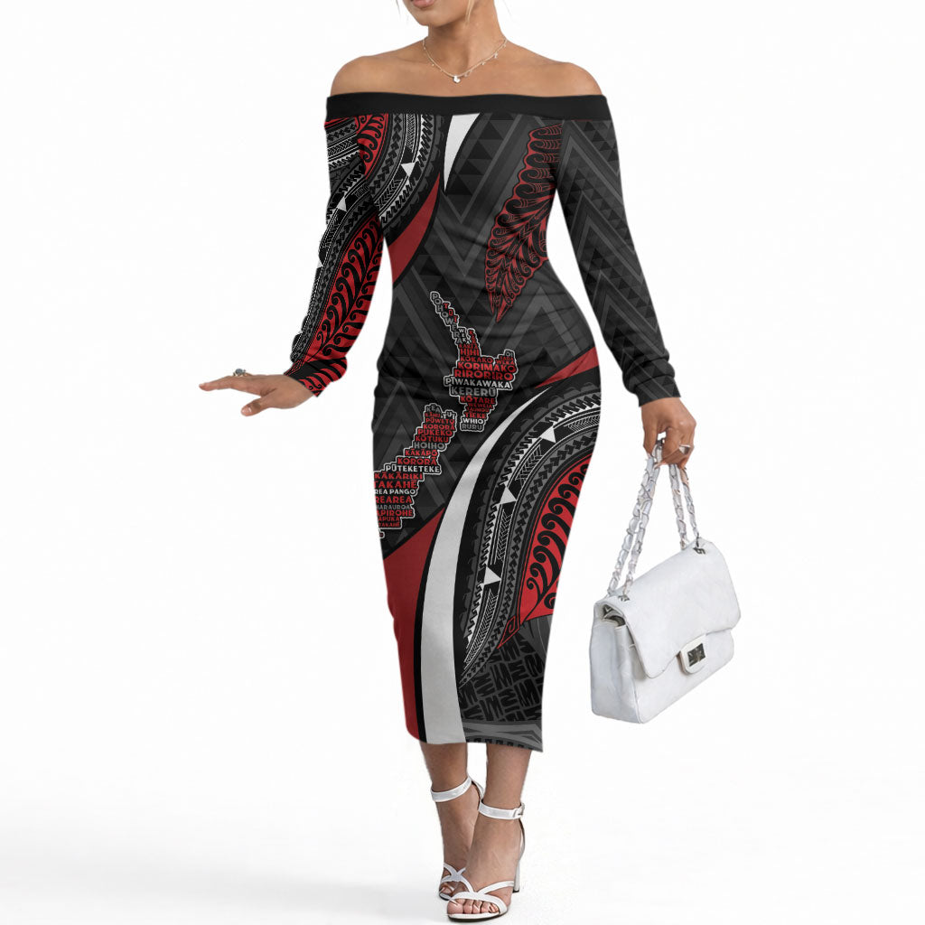 Aotearoa New Zealand Native Birds Map Off The Shoulder Long Sleeve Dress Silver Fern Tribal Pattern DT05 Women Red - Polynesian Pride