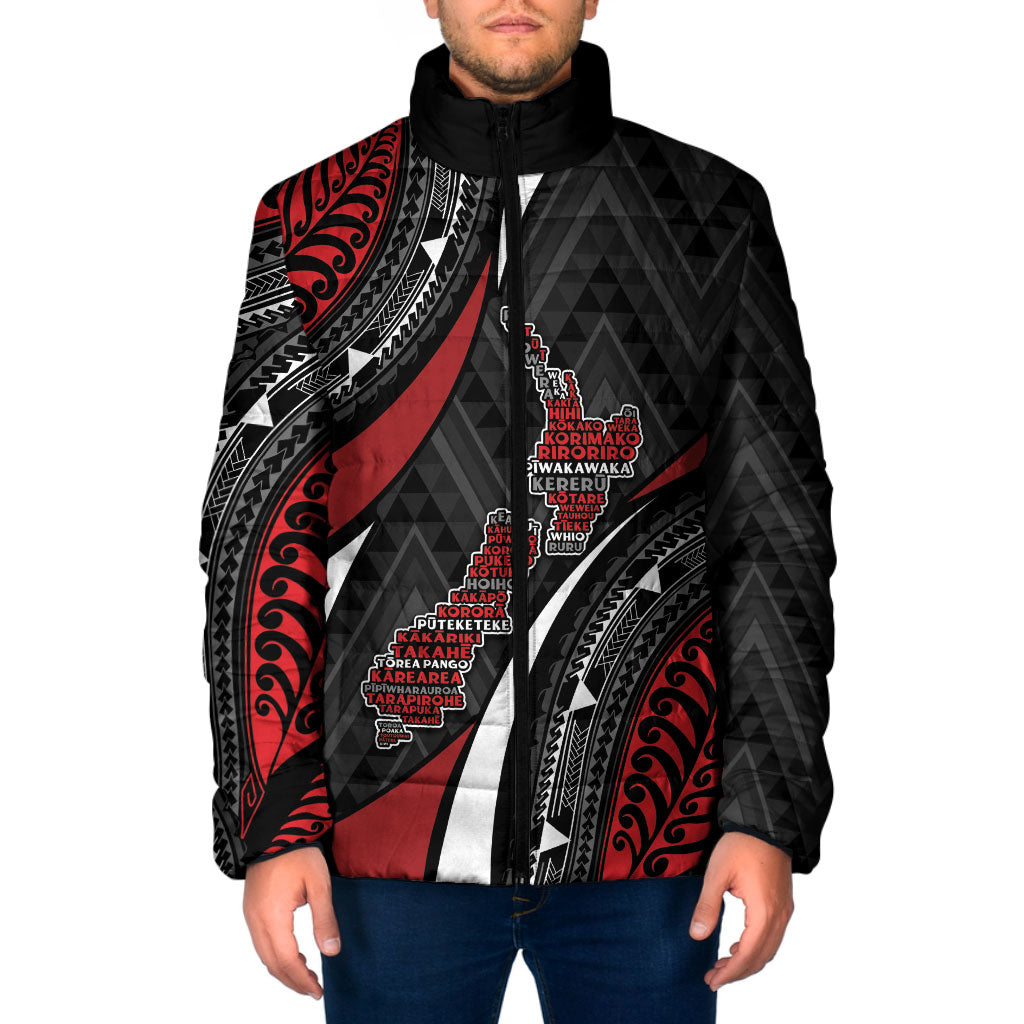 Aotearoa New Zealand Native Birds Map Padded Jacket Silver Fern Tribal Pattern DT05 Men Red - Polynesian Pride