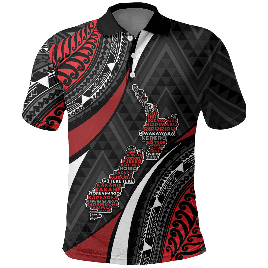 Aotearoa New Zealand Native Birds Map Polo Shirt Silver Fern Tribal Pattern DT05 Red - Polynesian Pride