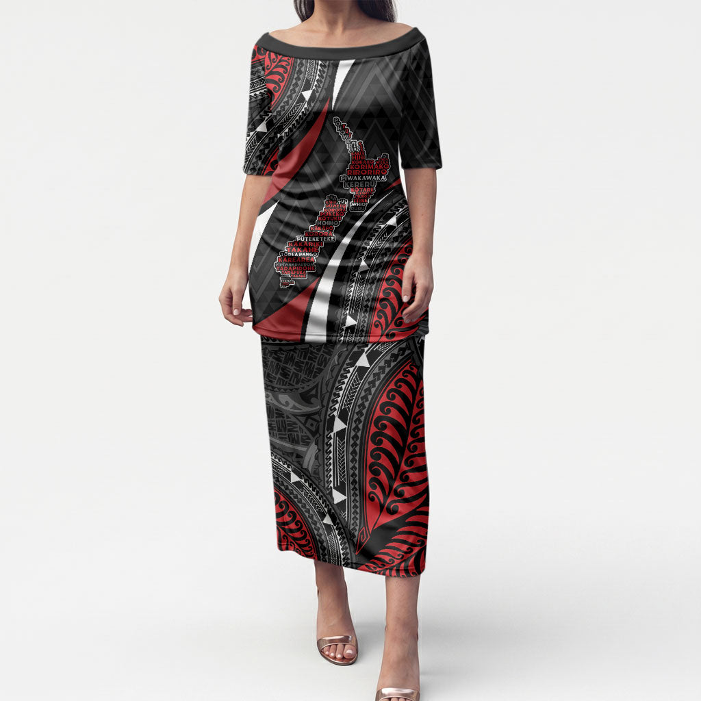 Aotearoa New Zealand Native Birds Map Puletasi Silver Fern Tribal Pattern DT05 Long Dress Red - Polynesian Pride