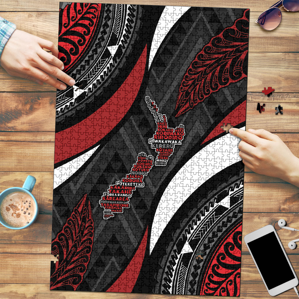 Aotearoa New Zealand Native Birds Map Puzzle Silver Fern Tribal Pattern DT05 Red - Polynesian Pride