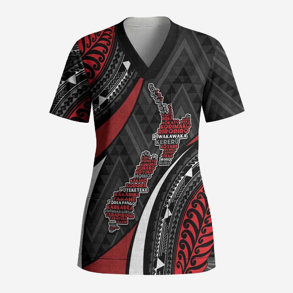 Aotearoa New Zealand Native Birds Map Scrub Top Silver Fern Tribal Pattern DT05 Adult Red - Polynesian Pride