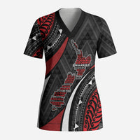 Aotearoa New Zealand Native Birds Map Scrub Top Silver Fern Tribal Pattern DT05 Adult Red - Polynesian Pride