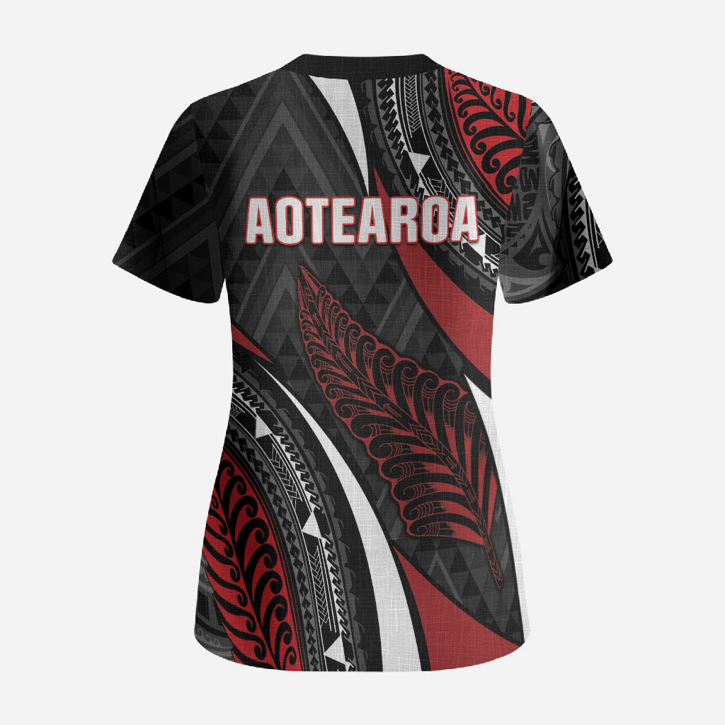 Aotearoa New Zealand Native Birds Map Scrub Top Silver Fern Tribal Pattern DT05 - Polynesian Pride