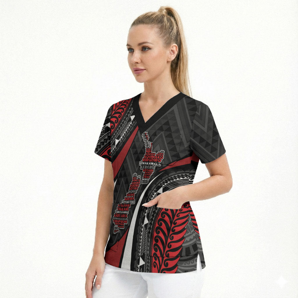 Aotearoa New Zealand Native Birds Map Scrub Top Silver Fern Tribal Pattern DT05 - Polynesian Pride