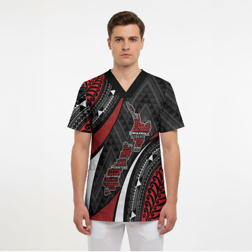 Aotearoa New Zealand Native Birds Map Scrub Top Silver Fern Tribal Pattern DT05 - Polynesian Pride