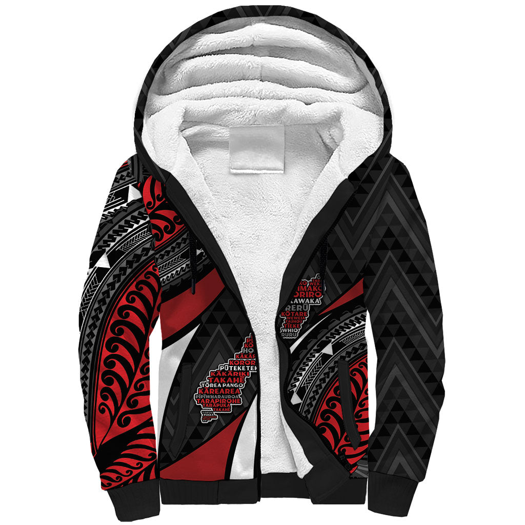 Aotearoa New Zealand Native Birds Map Sherpa Hoodie Silver Fern Tribal Pattern DT05 Unisex Red - Polynesian Pride