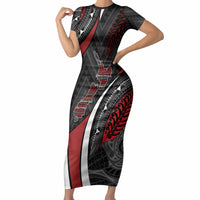 Aotearoa New Zealand Native Birds Map Short Sleeve Bodycon Dress Silver Fern Tribal Pattern DT05 Long Dress Red - Polynesian Pride