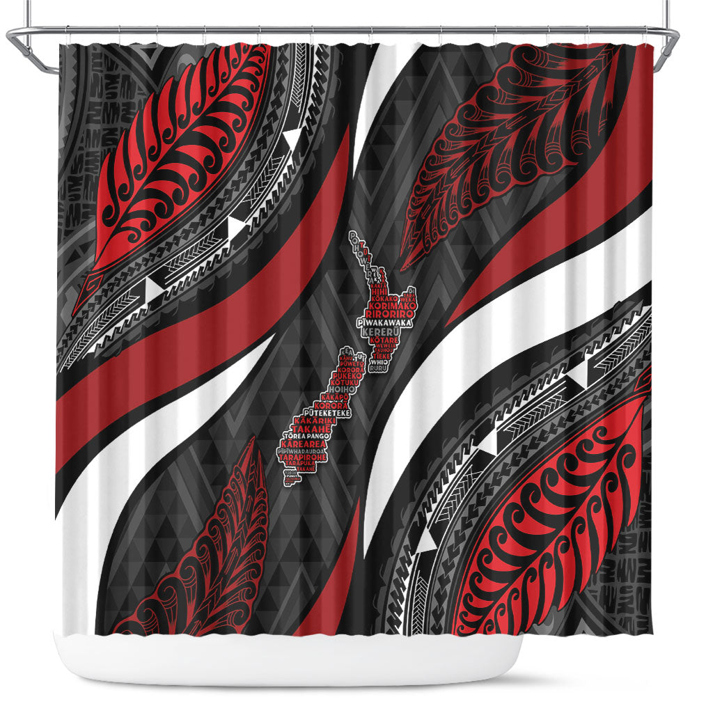 Aotearoa New Zealand Native Birds Map Shower Curtain Silver Fern Tribal Pattern DT05 Red - Polynesian Pride
