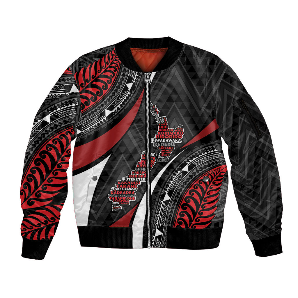 Aotearoa New Zealand Native Birds Map Sleeve Zip Bomber Jacket Silver Fern Tribal Pattern DT05 Unisex Red - Polynesian Pride