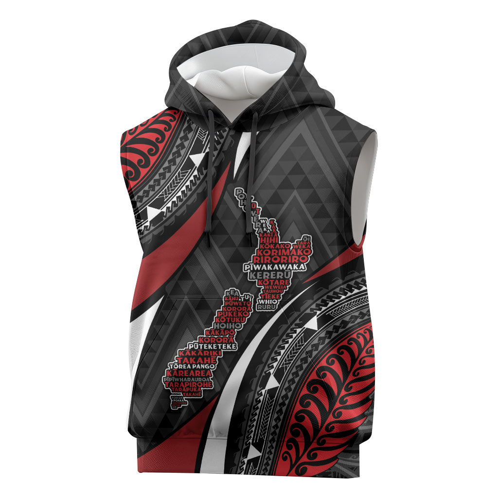 Aotearoa New Zealand Native Birds Map Sleeveless Hoodie Silver Fern Tribal Pattern DT05 Red - Polynesian Pride