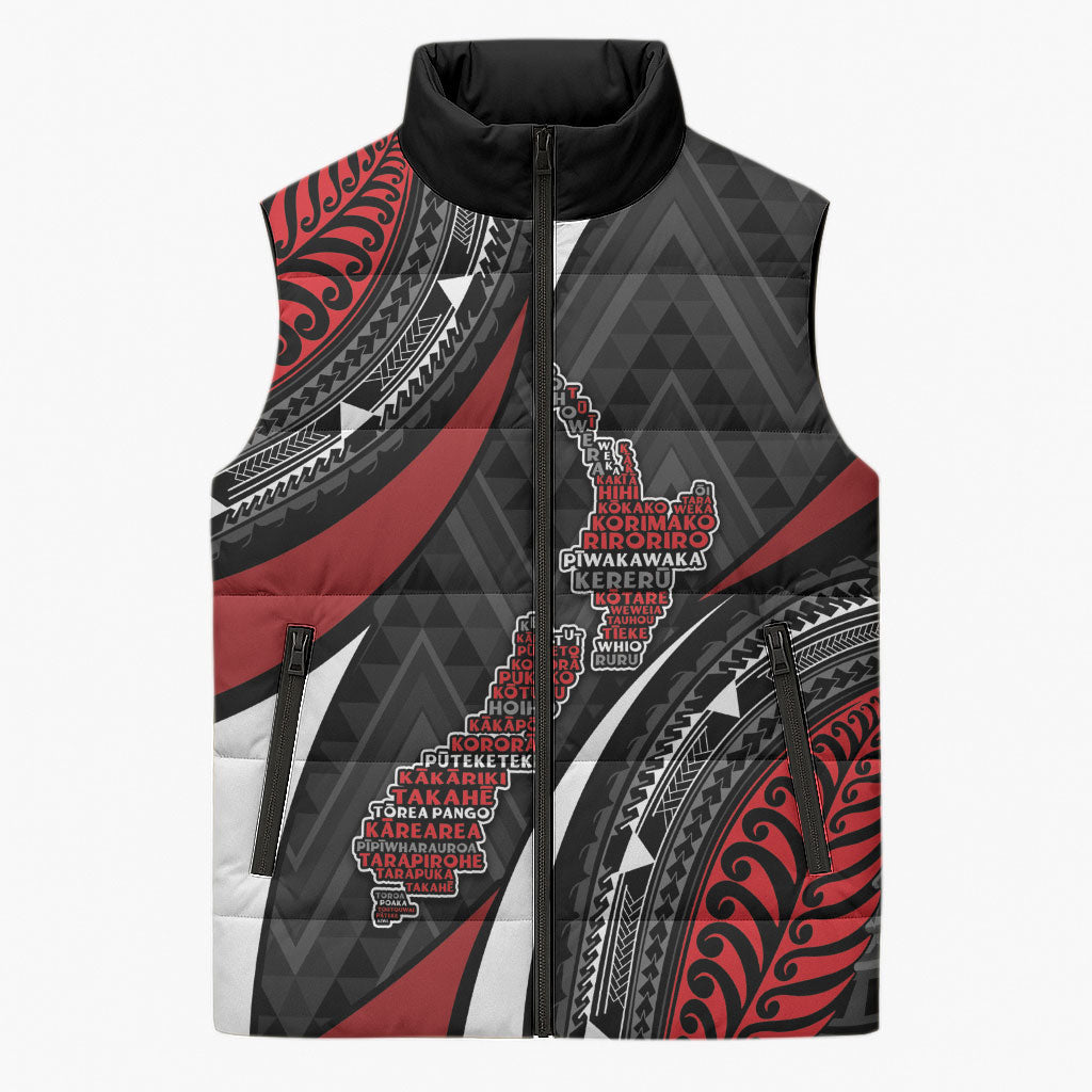 Aotearoa New Zealand Native Birds Map Sleeveless Puffer Jacket Silver Fern Tribal Pattern DT05 Unisex Red - Polynesian Pride