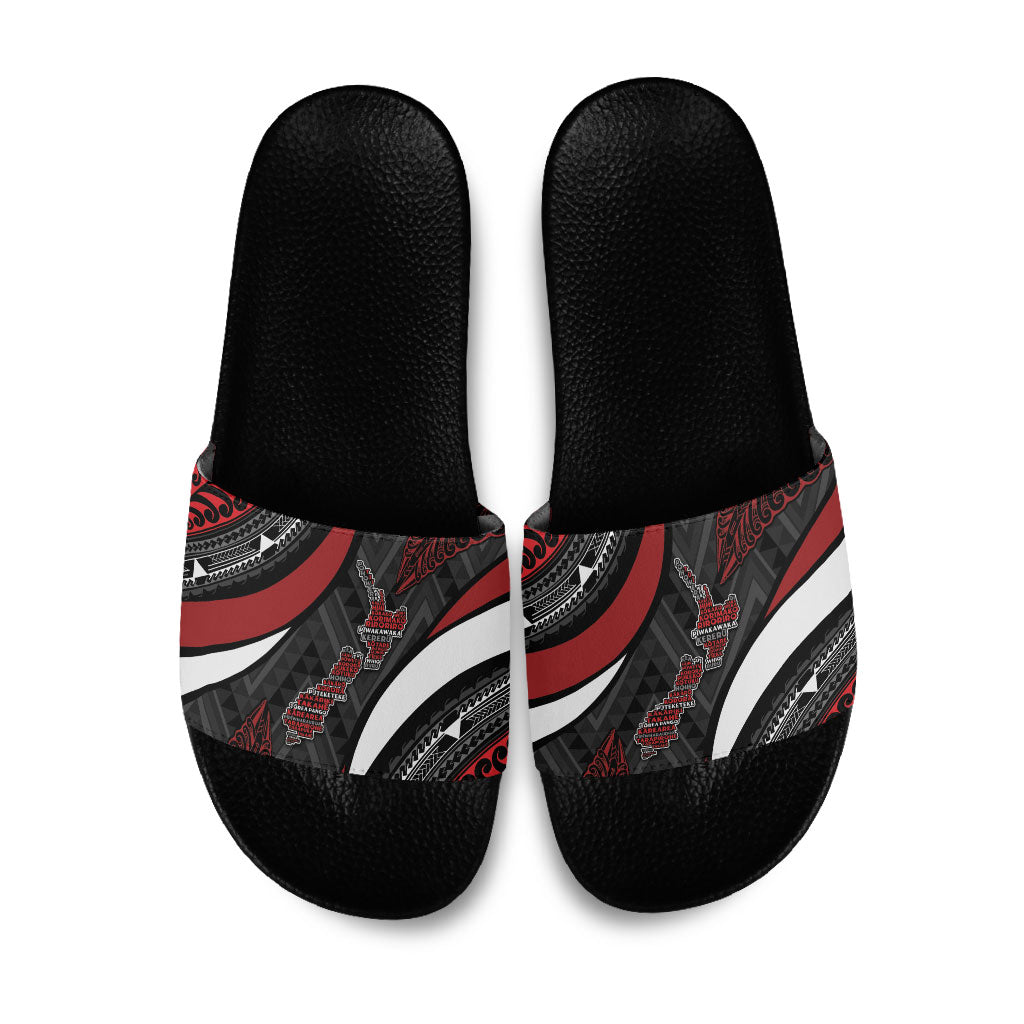 Aotearoa New Zealand Native Birds Map Slide Sandals Silver Fern Tribal Pattern DT05 Red - Polynesian Pride