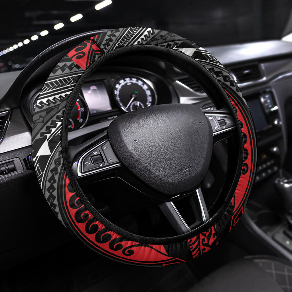 Aotearoa New Zealand Native Birds Map Steering Wheel Cover Silver Fern Tribal Pattern DT05 Universal Fit Red - Polynesian Pride