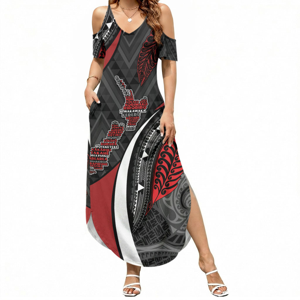 Aotearoa New Zealand Native Birds Map Summer Maxi Dress Silver Fern Tribal Pattern DT05 Women Red - Polynesian Pride