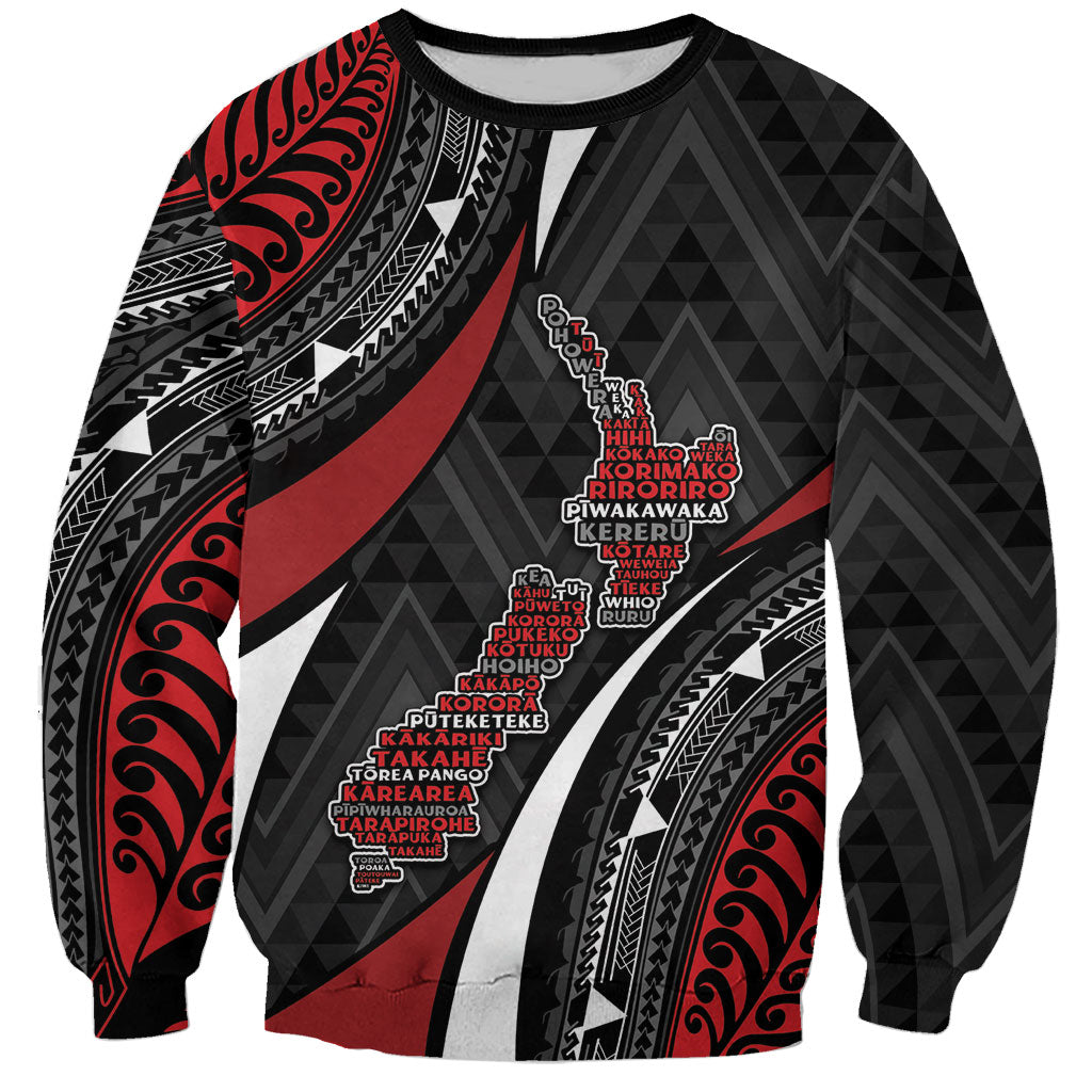 Aotearoa New Zealand Native Birds Map Sweatshirt Silver Fern Tribal Pattern DT05 Unisex Red - Polynesian Pride