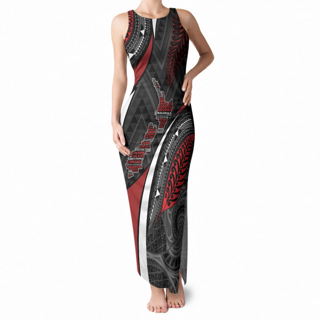 Aotearoa New Zealand Native Birds Map Tank Maxi Dress Silver Fern Tribal Pattern DT05 Women Red - Polynesian Pride