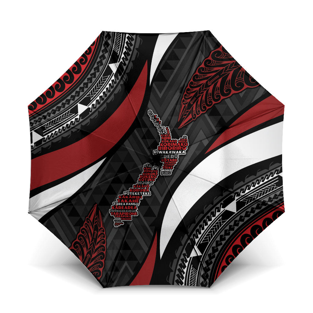 Aotearoa New Zealand Native Birds Map Umbrella Silver Fern Tribal Pattern DT05 One Size Folded 11.42 inch Opened Diameter 37.4 inch Red - Polynesian Pride