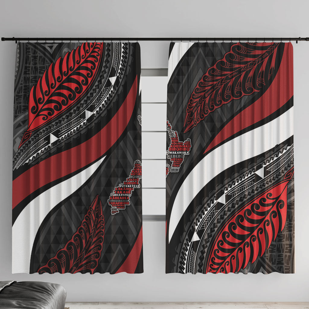 Aotearoa New Zealand Native Birds Map Window Curtain Silver Fern Tribal Pattern DT05 With Hooks Red - Polynesian Pride