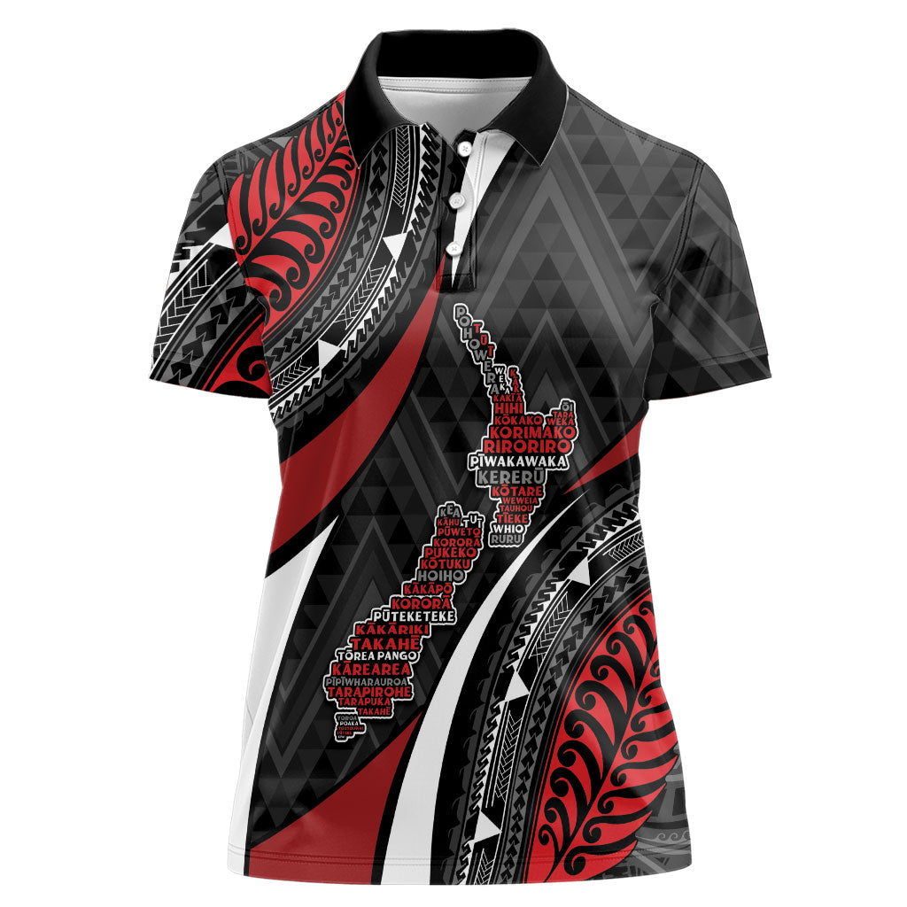 Aotearoa New Zealand Native Birds Map Women Polo Shirt Silver Fern Tribal Pattern DT05 Female Red - Polynesian Pride